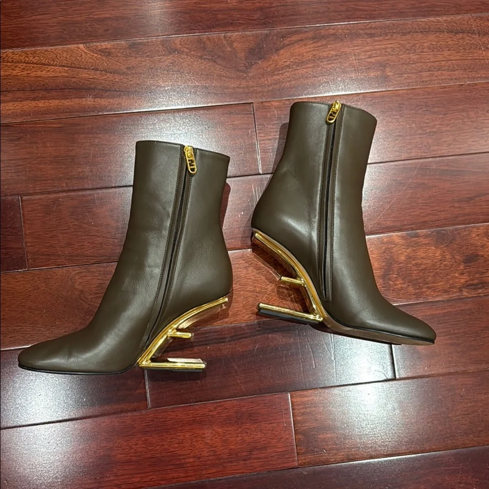 Fendi Brown and Gold Heeled Boots with Sculptural Design - Picture 1 of 11